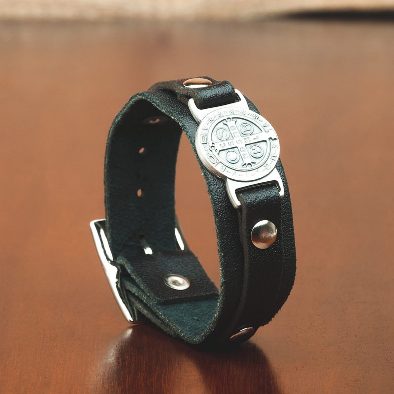Intercession St Benedict Genuine Leather Protection Bracelet - Made in Brazil (Large - Black) - Image 4